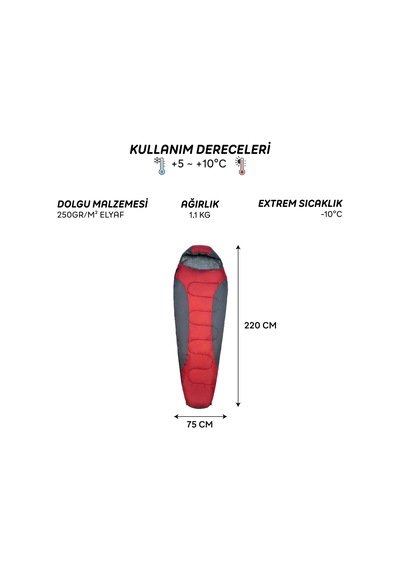 4 Mevsim Mumya Tip Uyku Tulumu -10 C Konforlu Kamp Uyku Tulumu Yıkanabilir Kırmızı