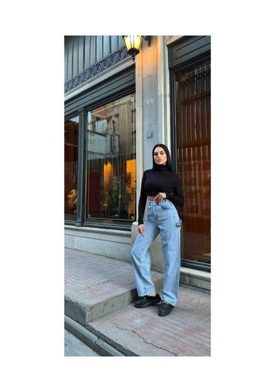 Kene Jeans Yüksek Bel Buz Kar Yan Kemer Tokalı Kargo Cep/baggy Bol Paça Jeans Buz Kar