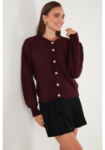 Lela Premium Regular Fit Bisiklet Yaka Yumuşak Dokulu Bayan Hırka 680Hi00147 Bordo