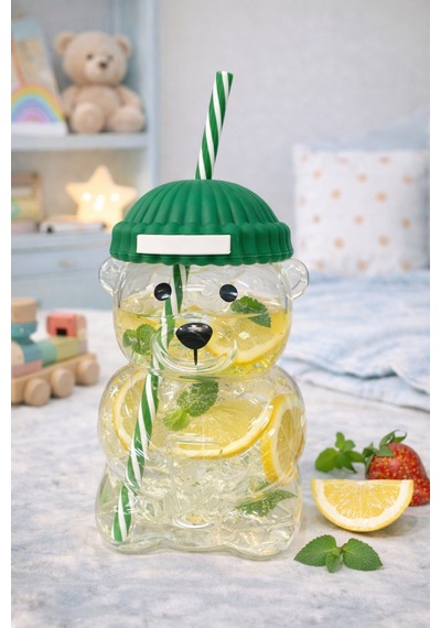Bearista Ayıcık Pipetli Borosilikat Bardak 580 Ml Yeşil Soğuk İçecek & Kahve Yeşil
