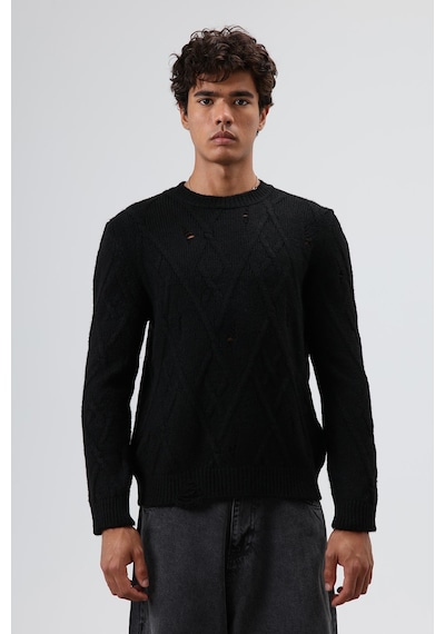 Vamos Oversize Desenli Triko Kazak Siyah