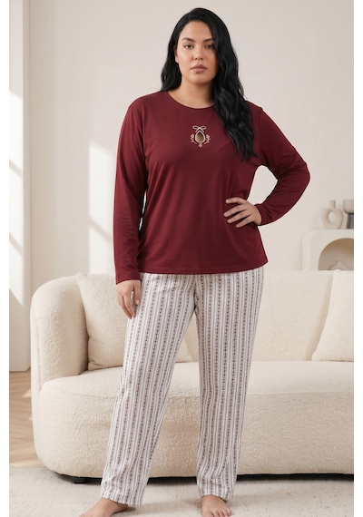 Siyah İnci Pamuklu Likralı Büyük Beden Battal Boy Örme Pijama Takım26240953 Bordo