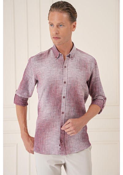 Efor Comfort Fit Batik Desen %100 Keten Bordo Gömlek G 1571 Bordo