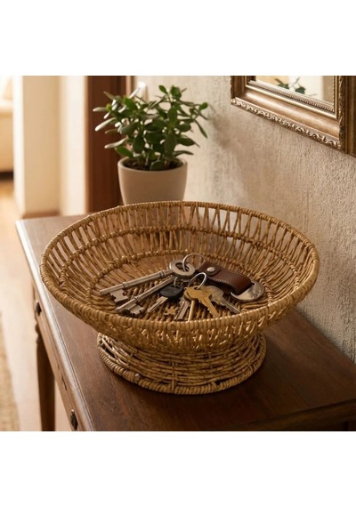 Ers 28 Cm Plastik Rattan Servis Çanağı Doğal Hasır Görünümlü Dekoratif Meyve, Ekmek Ve Sunum Kasesi Çok Renkli