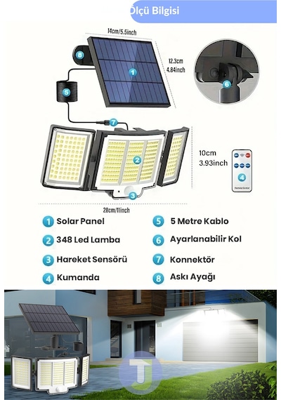 Technojet 348 Ledli Solar Güneş Enerjili Kumandalı Hareket Sensörlü Bahçe Aydınlatma Sokak Lambası