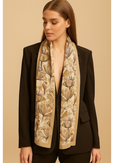 Romantik Bej Desen Kadın Saten Fular 30x165cm Çok Renkli