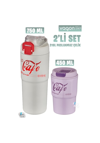 Vagonlife 2'li Çelik Termos-kahve Bardağı Seti 750ml Çift Kullanım Termos//450ml Mug Kahve Bardağı Beyaz - Mor