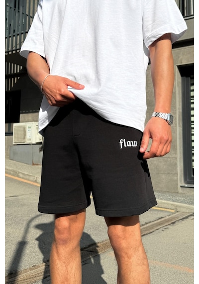 Flaw Nakışlı Bel Lastikli Şort Siyah Siyah