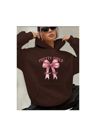 Herkesemoda Pertty Gırls Yazı Detay Baskılı İçi Polarlı Kapüşonlu Sweatshirt Kahverengi