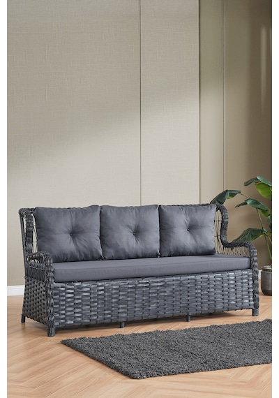 Paris Rattan Puflu Bahçe Balkon Takımı 3+1+1 Cam Masalı Antrasit