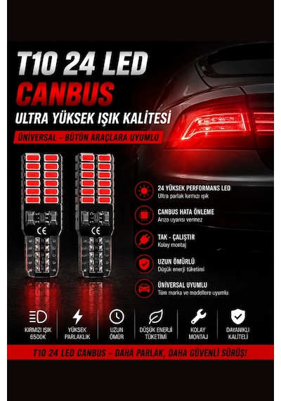 T10 24 Led Canbus Kırmızı Ampul Yüksek Parlaklık W5w Park Ve Plaka Led 2 Adet