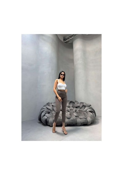 Kene Jeans Kadın Yüksek Bel Vizon Keten Paça Kesik Dar Paça Pantolon Gri