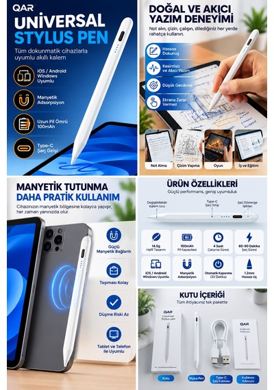 Universal Stylus Kalem Dokunmatik Tablet Telefon Kalemi İos Android Windows Uyumlu Type-c Şarjlı Pil Göstergeli İnce Uçlu Çizim Yazı Kalemi
