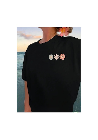Medinenur Ön Ve Arka Çoklu Çiçek Baskılı Basic T-shirt Siyah