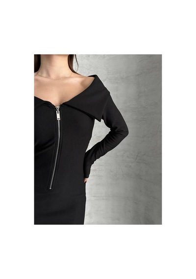 Asur Boutique Asur Butik Yarı Fermuarlı Ottoman Kumas Elbise Siyah