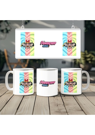 Powerpuff Girls Gökkuşağı Desenli Renkli Kupa Bardak - Eğlenceli Güçlü Kadın Hediye Beyaz