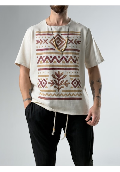 Cocopelli Bordo Etnik Tasarım Erkek T-shirt Coc2871 Bej