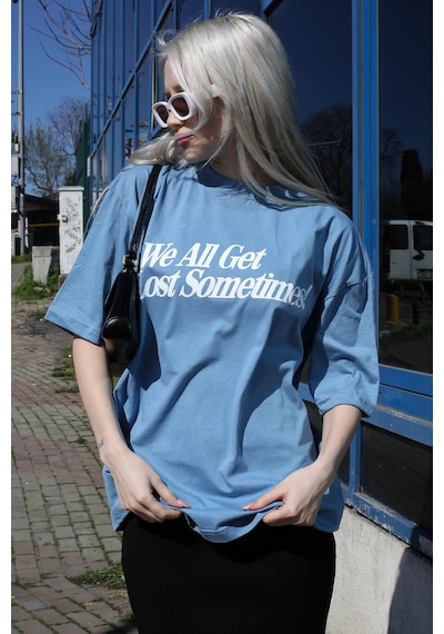 Madmext Mavi Baskılı Oversize Tişört Mg1532-mavi Mavi