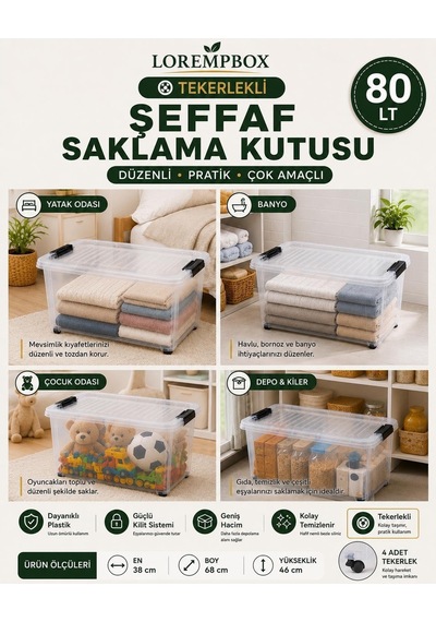 Lorempbox 80 Lt Tekerlekli Şeffaf Saklama Kutusu 2'li Set Diğer