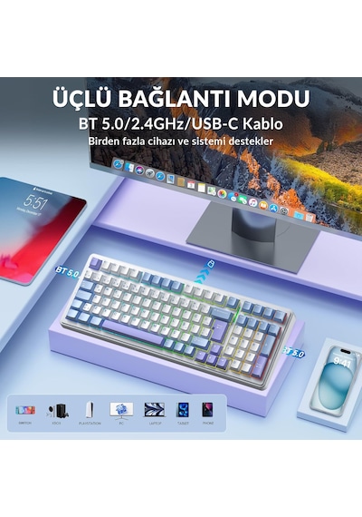 Aula F99 Mekanik Rgb Graywood V4 Switch 3 Modlu Kablosuz Makrolu Hot Swap Türkçe Q Klavye Mavi