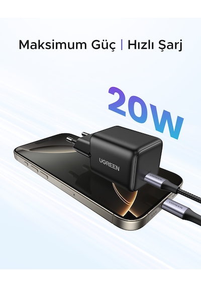 Ugreen 20w Gan Hızlı Şarj Cihazı Type-c Qc Pd 1xusb-c, Siyah, 55553