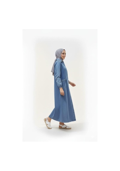 Hb Harma Time Butik Kadın Düğmeli Cepli Kar Yıkamalı Denim Mavi Kot Kap Açık Mavi Açık Mavi