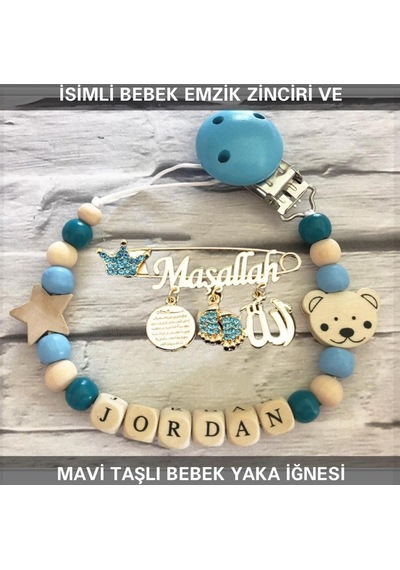 İsimli Bebek Emzik Zinciri ve Mavi Taşlı Bebek Yaka İğnesi Mavi