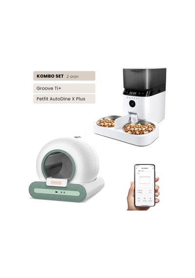 Groove Ti+ Wi-fi Akıllı Otomatik Kedi Tuvaleti Yeşil + Petfit Autodine X Plus 5l Wi-fi Kameralı Akıllı Otomatik Mama Kabı Besleme Ünitesi Bundle