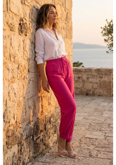 Kadın Fuşya Bağcıklı Rahat Pantolon Beli Lastikli Yazlık Hafif Kumaş Günlük Casual Palazzo Pantolon Pembe