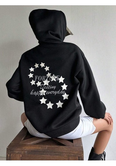 Fortune Stars Hırka - Siyah Baskılı Oversize Kapüşonlu Siyah