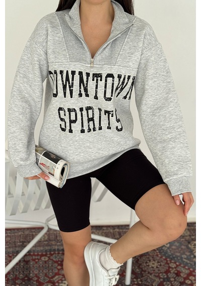 Noa & Noa Kadın Fermuarlı Baskılı Sweatshirt Downtown Energy Gri