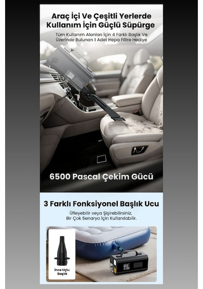 Castu Jump Starter Süpürgeli Akü Takviye Cihazı 18.000mah 10 İn 1 Powerbank, Hava Kompresörü, Lcd Ekran,