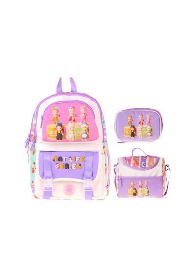 Kaukko Kids Cat Life Mor - Krem Renk Kız Çocuk Üçlü İlkokul Okul Çantası Seti/takımı - Setkk-l5313d