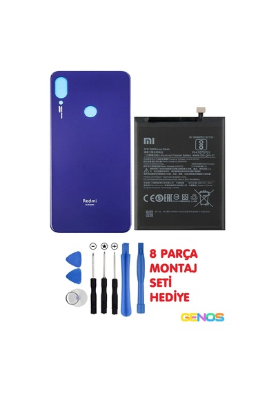 Xiaomi Redmi Note 7 Uyumlu Arka Cam Kapak Pil Kapağı Mavi + Note 7 Pil Batarya Bn4a + Montaj Set