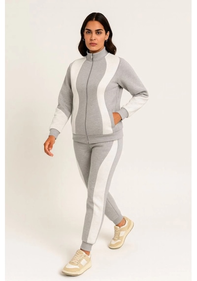 Premium Parçalı Eşofman Takım - Dik Yaka Fermuarlı Sweatshirt - Gri Gri