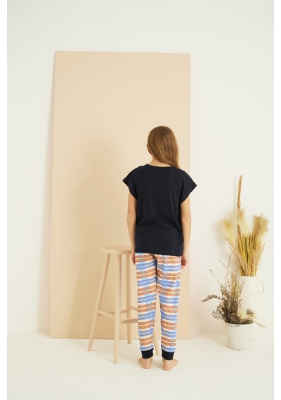 Siyah İnci Pamuklu Bisiklet Yaka Örme Pijama Takım25107135 Lacivert