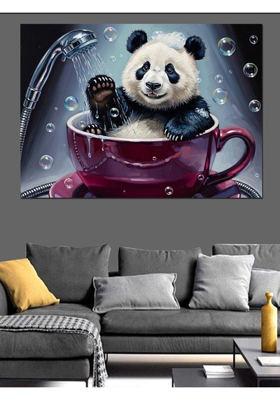 Kahve Fincanı İçinde Yıkanan Panda Dekoratif Kanvas - Mdf Ahşap Tablo