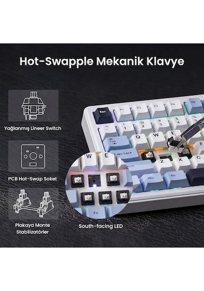 Aula F75 Max Mekanik Gaming Oyuncu Klavyesi Tkl Rgb Graywood V4 Switch Kablosuz Makrolu Hot Swap Türkçe Q Lacivert