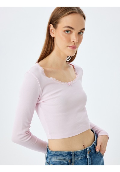 Koton Dantel Detaylı Uzun Kollu Slim Fit Crop Tişört Pembe 5sal10423ık Gül Koton Dantel Detaylı Uzun Kollu Slim Fit Crop Tişört Pembe 5sal10423ık Gül