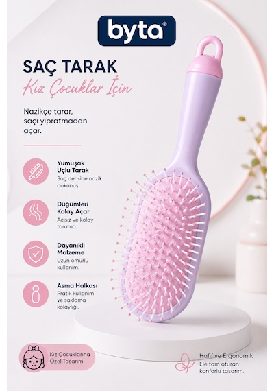 Kız Çocuk Saç Tarağı Yumuşak Uçlu, Düğüm Açıcı, Asma Halkalı Ergonomik Saç Fırçası Pembe Mor