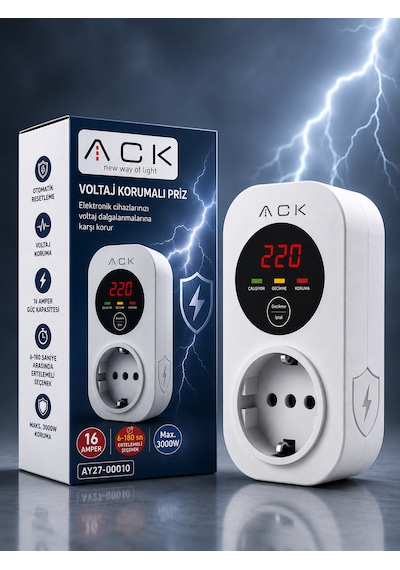 Ack Ay27-00010 Akım-gerilim Korumalı Prizi Tekli Beyaz 15a 140-275v 3000w Regülatör 0