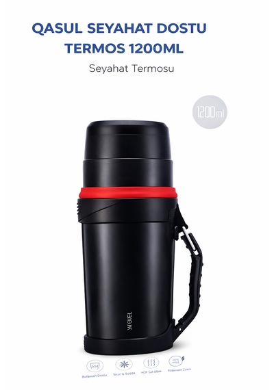 Qasul 1200ml Seyahat Termosu Paslanmaz Çelik, Sıcak & Soğuk Tutma Özellikli Büyük Boy Termos Siyah