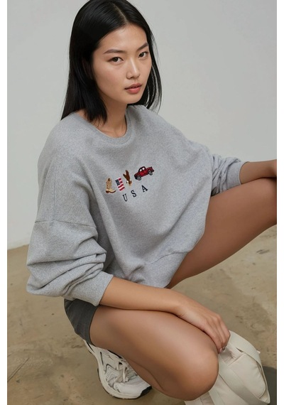 Hiccup İşlemeli Yuvarlak Yaka Sweatshirt Açık Gri