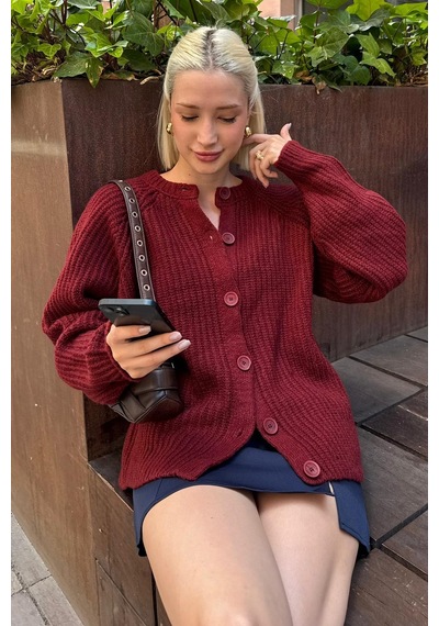 Madmext Bordo Bisiklet Yaka Selanik Örgü Düğmeli Kadın Hırka Mg2487 Bordo