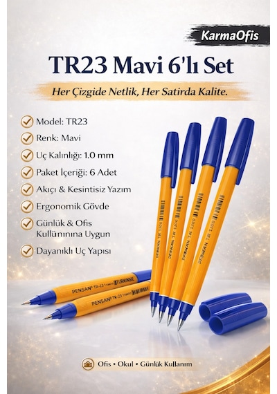 Tr23 Mavi Tükenmez Kalem 6 Lı Set 1.0 Mm Uç, Akıcı Yazım, Ofis & Okul Kullanımı Çok Renkli