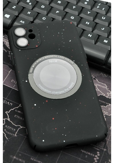 Apple Uyumlu iPhone 11 Uyumlu Siyah Benekli Desenli İnce Sert Kapak Kılıf Kamera Lens Korumalı Siyah -