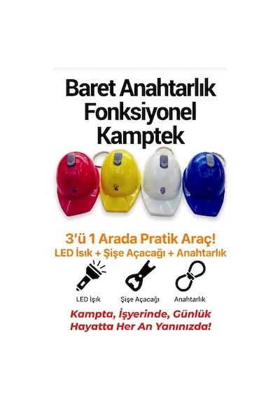 Anahtarlık Baret Tasarım Işıklı Led Açacak Fonksiyonlu Tasarım Anahtarlık Beyaz Mavikırmızı Sarı Beyaz