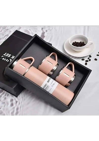 Paslanmaz Çelik 3 Bardaklı Vakumlu Termos Set 500 Ml Pembe
