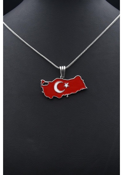 Türk Bayrağı Ay Yıldızlı Mineli 925 Ayar Gümüş Kolye Zincir 901119