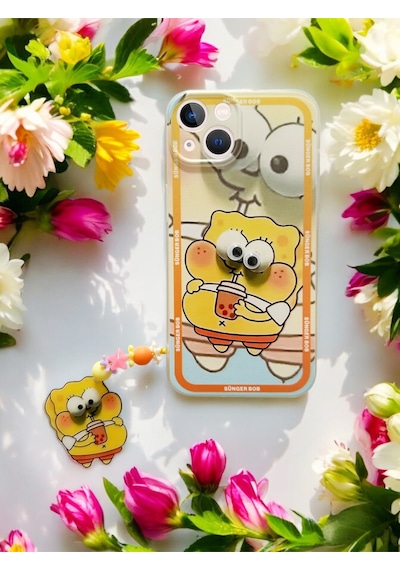 Apple Uyumlu iPhone 15 Sünger Bob Tasarımlı Charmlı Telefon Kılıfı Sarı